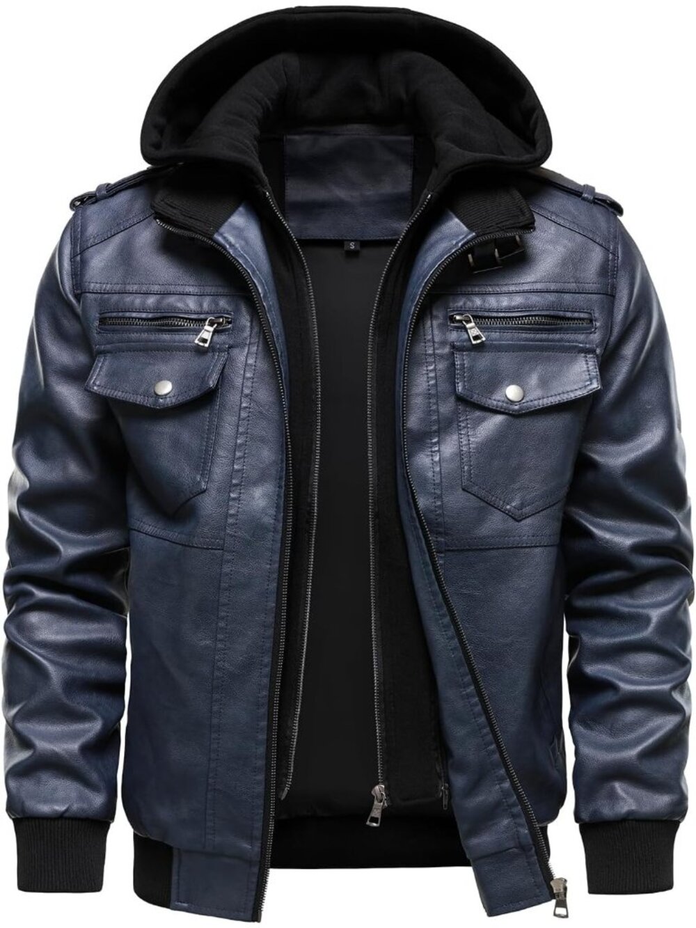 Men’s Blue Windproof Removable Hood Multi-Pockets Turn Down Collar Jackets
